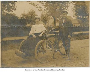 Beatrice and Al in their Indian Forecar in 1907 (Photo - Renton Historical Society)