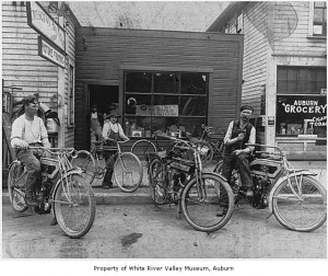 Crescent Bicycle Shop 1912 showing a Excelsior and another antique motorcycle (Photo MOHAI)